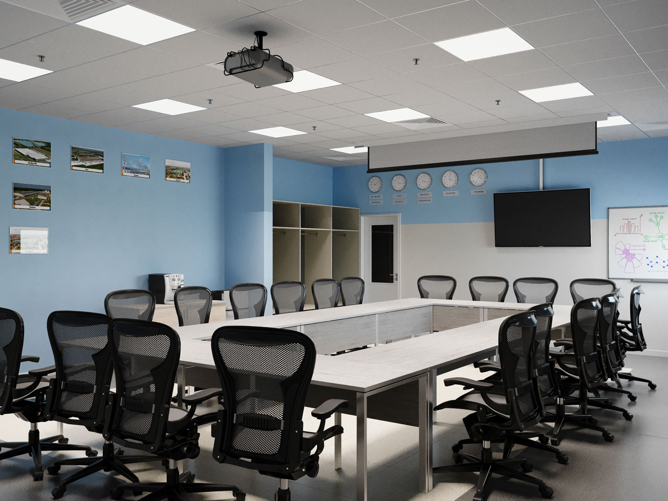 Санузлы, производственные блоки, офисные рабочие зоны и зоны отдыха.